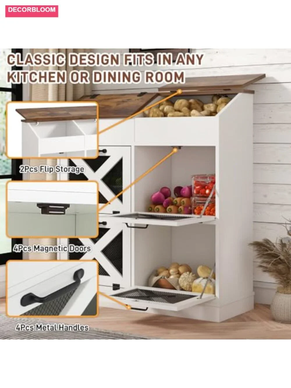 Wood Vegetable Storage Bin with Lid 6 Compartment Mesh Doors Bread Box